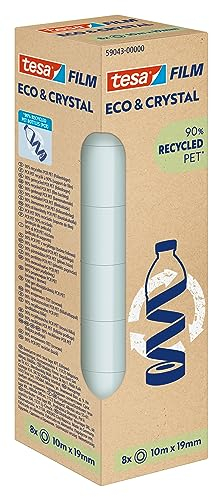 tesafilm eco & crystal Klebeband - transparenter Klebefilm aus wiederverwertetem PET-Material - reißfest, mit starker Klebkraft - 8 Rollen á 10 m x 19 mm