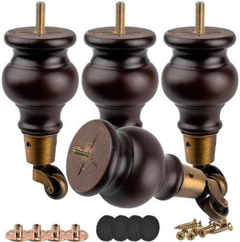Btowin VCF 14cm Holz Möbelfüße mit Lenkrollen, 4er Set Massivholz Spindel Tischbeine Möbelbeine mit Rollen & vorgebohrten M8 Bolzen & Montageplatten für Schrank Sofa Ottomane Liegestuhl Sessel