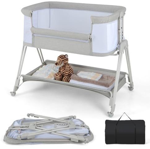 LIFEZEAL Höhenverstellbarer Stubenwagen, Tragbare Beistellbett Baby 90 x 50 cm, 3 in 1 Baby Bett mit Matratze, Reisebett für Baby 0-6 Monaten, Zustellbett mit atmungsaktivem Netz (Hellgrau)