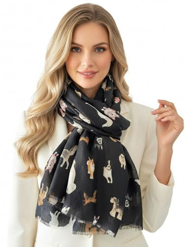The Accessory Co. Dog Print Womens Scarf Shawl Wrap, Black Dog Scarf Gift, Lightweight Cat Cotton Scarves, Spring Summer Winter Scarfs Women, Ladies Scarves, Gifts 40th 50th 60th Birthday Present