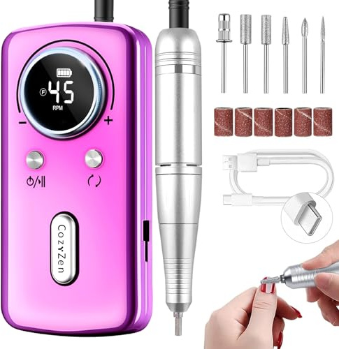 CozyZen Torno de uñas inalámbrico profesional: kit de lima de uñas eléctrica recargable de 45000 RPM, portátil y silencioso para uñas acrílicas, uñas de gel, manicura y pedicura - uso en salón y en
