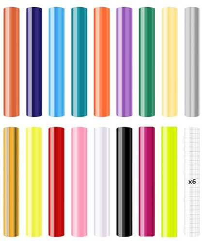 17 Farbe Smart Vinyl Permanent für Cricut Explore 3/Maker 3 mit 6 Transfer | Smart Adhesive Vinyl Permanent 30.5x30.5cm Selbstklebend & Removable Vinyl Plotterfolie für DIY Tassen Auto Banner Dekoration
