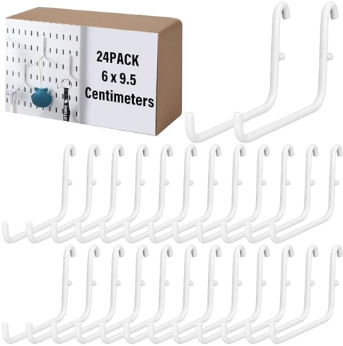 GlikCeil 24 Pcs Pegboard Hooks, 6 x 9.5 Centimeters, White Pegboard Accessories Compatible with IKEA/Skadis Long Metal Storage Hooks for Home Office Indoor Tool Supply