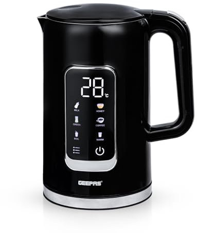 GEEPAS Digital Electric Kettle | 1.7L Jug Kettle 5 Temp Setting One-Touch Display Double Wall 2Hr Keep Warm Func. Stainless Steel Interior Boil-Dry Protection Cordless | 2 Year Warranty 2200W Black