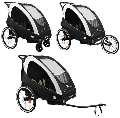Deryan Luxus 3-in-1 Fahrradanhänger für 2 Kinder – Fahrradanhänger, Kinderwagen & Jogger – Multifunktionaler Buggy mit 5-Punkt-Gurt – Schwarz/Creme
