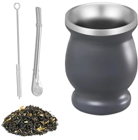 Set da tè Maté, Tazza Mate in Acciaio Inox a Doppia Parete Isolata, 260 ml, Facile da Pulire, con Cucchiaio a Cannuccia e Spazzola per la Pulizia, per Tè e Caffè Mate (Grigio)
