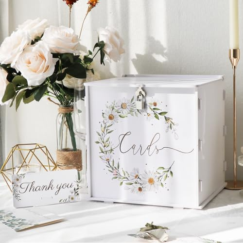Fayavoo White Wedding Card Box with Lock, PVC Gift Card Box for Wedding Reception, Daisy Pattern Money Envelope Box for Party Graduation Birthday Baby Shower Decorations