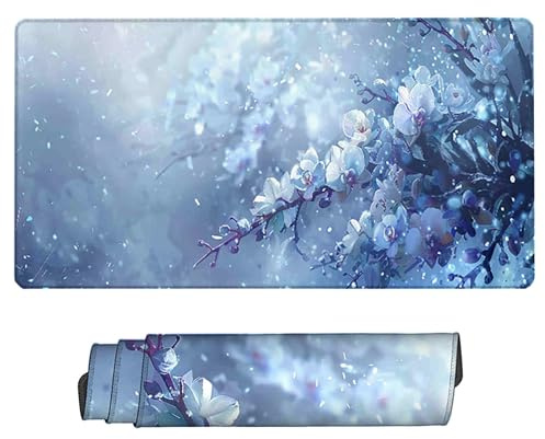 Tapis de Souris Fleurs de Cerisier Tapis de Souris Gamer XXL 60 x 30 cm, Étanche Base en Caoutchouc Antidérapante Tapis de Bureau Blanc Mouse Pad avec Bords Cousus pour Jeux, Bureau, Cadeau R-4