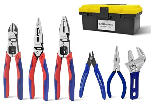 KAIHAOWIN 6-Piece Tool Set with Case, 8.8” Long Nose, 8.8” Linesman, 8” Diagonal, 6“ Adjustable Wrench, 5” Needle Nose, 5 Flush Cutter for Repairing & Home Use