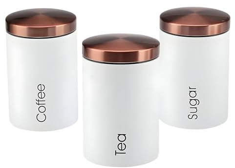 RLS White Set of 3 Tea, Coffee, Sugar canisters Storage Container Set for Kitchen Accessories & Essentials | White & Copper