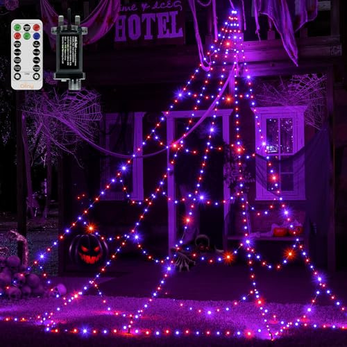 Ollny 3m 266 LEDs Halloween Spider Web Shape Orange and Purple Lights, Outdoor Cobweb Light Mains Powered with Remote/Plug/Modes/Timer, Outside Garden Yard Haunted House Decorations