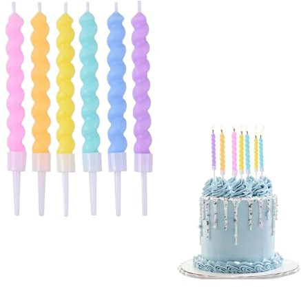24 Stück bunte spiralförmige Geburtstagskerzen für Torte – Party-Kerzen mit Haltern für Kuchen, Cupcakes & Macarons – Kindergeburtstag, Babyshower - Festliche Deko für Geburtstagsparty