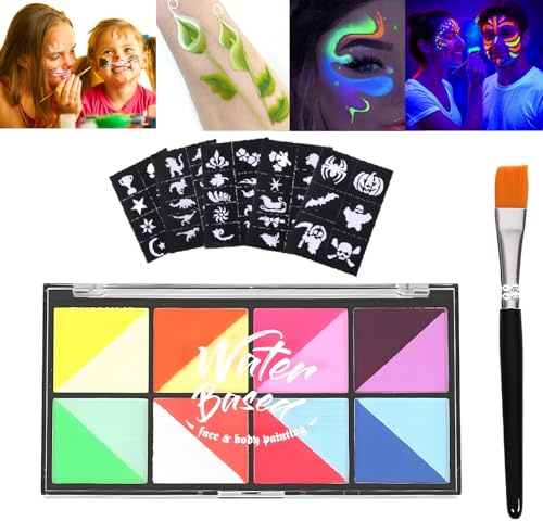 16 Colors 2-in-1 UV Neon Face Paint Palette, Safe Water-Based Face Painting Kit with Brush & 44 Stencils, Easy Washable Fluorescent Makeup for Halloween, Festivals, Parties, Theater & Costume