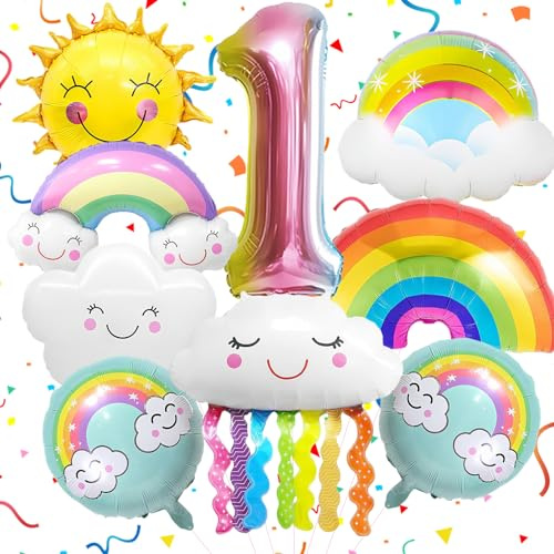 9 Stück Regenbogen Luftballons Set 1. Geburtstag, Kindergeburtstag Deko | Folienballons mit Wolken & Sonne, Geschenk zum 1. Geburtstag, für Babyfeier, Kinderzimmer, Fotografie, Jungen und Mädchen