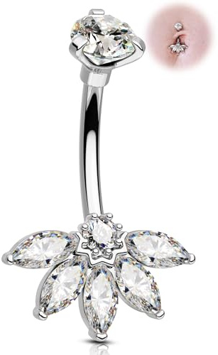 OUFER Piercing Ombelico 14G 10mm Belly Bar Acciaio Chirurgico 316L Bananabell CZ Trasparente in Argento Belly Button Ring Gioiello Piercing Ombelico Corpo Gioielli Donne