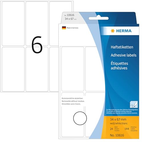HERMA 10616 Vielzweck-Etiketten ablösbar, 144 Stück, 34 x 67 mm, 6 pro Bogen, selbstklebend, Haushaltsetiketten zum Beschriften, matt, blanko Papier Klebeetiketten Aufkleber, weiß