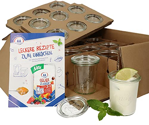 MamboCat 12er Set Weckgläser mit Glasdeckel 160 ml I Original Weck Sturzglas Joghurtglas, Dessertglas I Einweckgläser mit Deckel für Dips Aufstrich I inkl. Diamant-Zucker Gelierzauber Rezeptheft