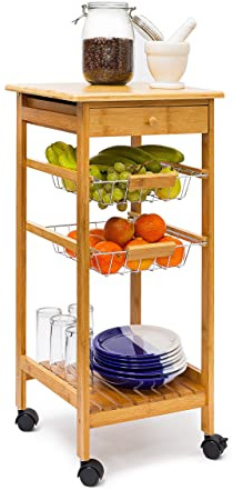 Relaxdays Carrello Cucina James S, in bambù, HBT 80,5 x 37 x 37 cm, Mobile con Rotelle, Ripiani, Cestini, Legno Naturale