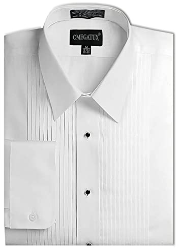 OmegaTux Mens Formal Laydown Spread Collar Tuxedo Shirt, 1/4 Pleat White (OMTX600-18.5-35)