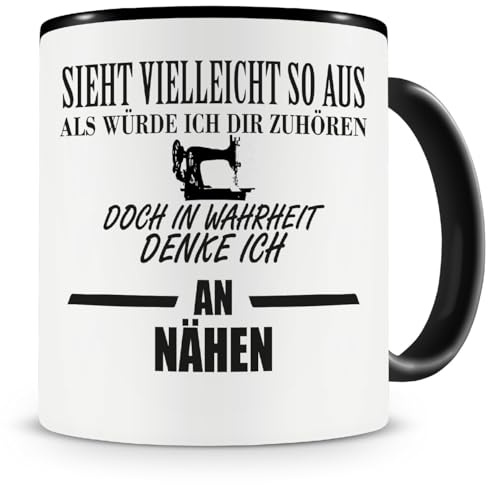Samunshi® Ich denke an Nähen Tasse Kaffeetasse Teetasse Kaffeepott Kaffeebecher Becher 300ml schwarz