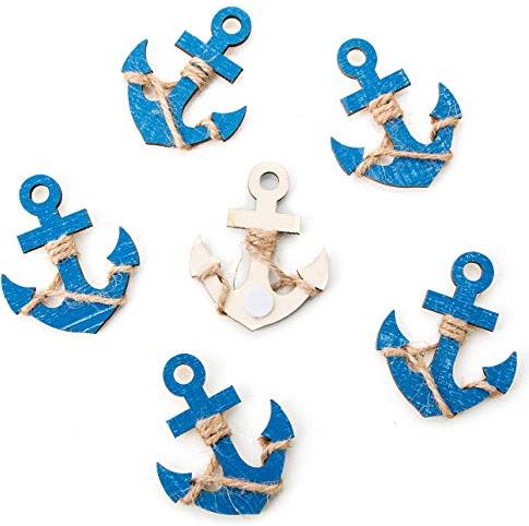 Anker Streudeko, 6 Stück: Kleine Holzanker, Maritime Deko, Tischdeko Flach, Dekoration Badezimmer Maritim, Holzdeko Innen, Maritimdeko Bad, Sommer, Strand & Meer, Mit Klebepunkt, Baddeko Klein, 6 cm
