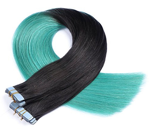 Tape In - On Hair Extensions - # 1B/SKY OMBRE - 70cm - 60 Tressen je 4cm Breit / 2,5g - 100% Remy Echthaar Haarverlängerung/Extention mit Klebeband Tressen by NOVON Hair Extentions