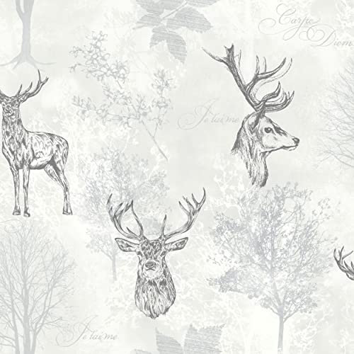 Arthouse Stag Mono Black Wallpaper - Etched Stag Designs - Textured Finish to Add Interest, Accentuated with a Hint of Metallic for Eye Catching Style - Beautiful Monochrome Colour Scheme - 901808