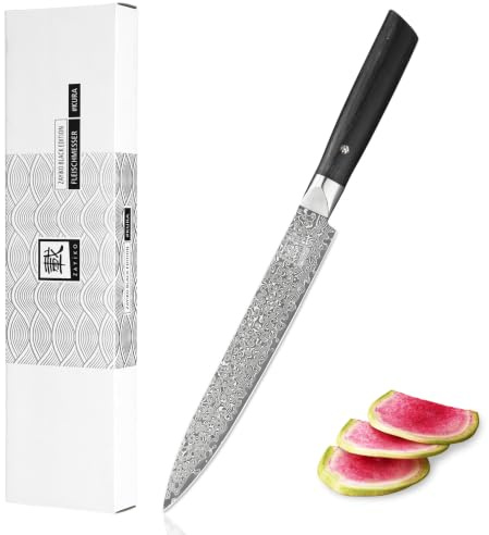 zayiko Black Edition Tranchiermesser 20 cm, 67 Lagen Damaststahl, VG10-Kern | Schmale schwarz veredelte Klinge, Pakkaholzgriff, 15° V-Schliff beidseitig, 60±2 HRC, für Fleisch und Fisch, mit Geschenkbox.