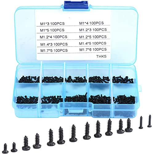 Schrauben Edelstahl, 1000Pcs M1 M1.2 M1.4 M1.7 Cross Drive Pan Kopf Selbstschneidende Schrauben Kits mit Box für Maschine Holzbearbeitung VerschlussSortiments-Set Packung mit 1000 Stück (Schwarz)