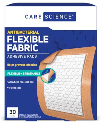 Care Science Fabric Adhesive Pad Bandages, 3x4 inches Extra Large Flexible Non-Stick Strip, Helps Prevent Infection, Breathable Protection, for First Aid & Wound Care, 30 Count