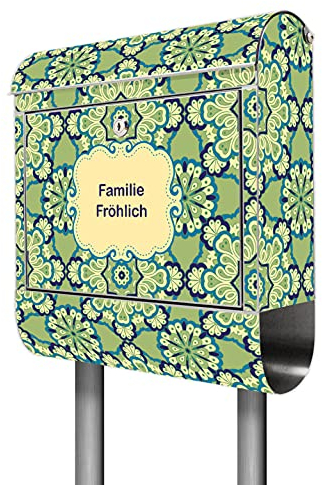banjado® Briefkasten mit Standfuß personalisiert Motiv Kaleidoscop Grün - Stand Briefkasten Edelstahl mit Zeitungsfach - Postbox/Postkasten A4 Einwurf inkl. Montagematerial & 2 Schlüssel