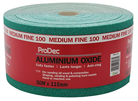 ProDec Rollo de 50 m de papel de lija abrasivo de óxido de aluminio verde de grano medio-fino para lijar madera, pintura, yeso, masilla, metal y más, 115 mm de ancho
