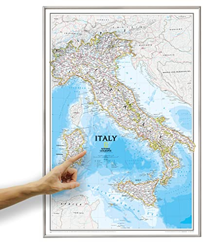 ORBIT Globes & Maps - Italien Landkarte, Kartenbild von National Geographic - Pinnwand Landkarte classic mit Alurahmen, Aktuell 2025, 59 x 87 cm, englisch