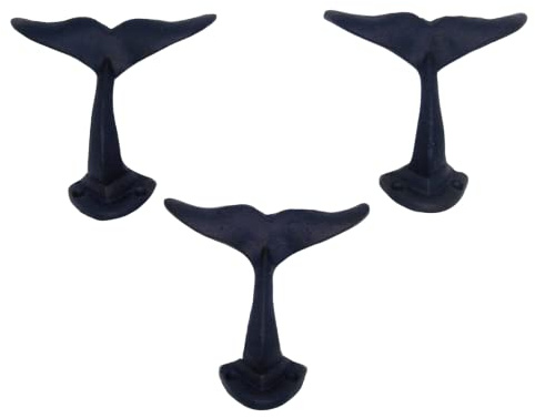 Wowser Lot de 3 crochets muraux en fonte en forme de queue de baleine bleu marine pour accrocher des vêtements et des accessoires, décoration nautique de maison et de bureau, 12 cm de haut