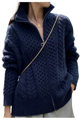 VATIVA - Cárdigan de punto grueso con cuello alto de cachemira 100% (color azul, tamaño: XL)