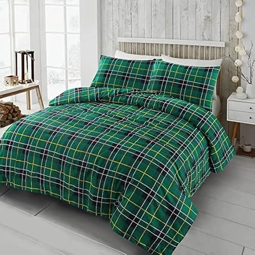 Laam linen Tartan Check Luxurious Flannel Warm Cozy Bedding Set 100% Natural Brushed Cotton Thermal Duvet Cover Sets with Matching Pillowcase cover (Green, Double)
