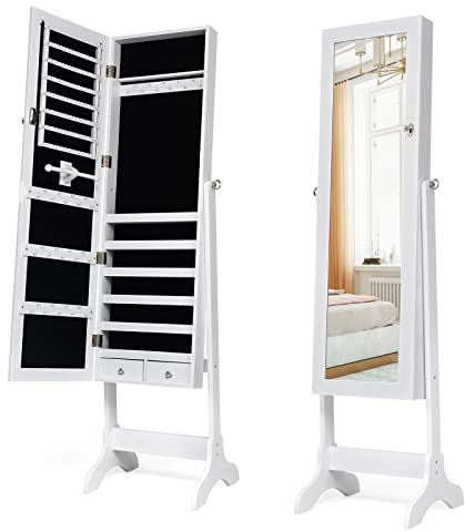 RELAX4LIFE Freistehender Schmuckschrank mit Spiegel, Spiegelschrank abschließbar & neigungsverstellbar, mit 2 Schubladen, 6 Ablagen (Weiß)