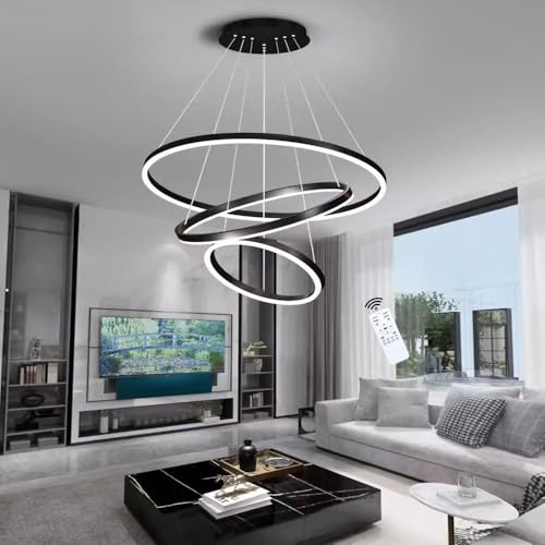 LIUYU 3-Ringe LED Pendelleuchte Schwarz, Moderne Runde Hängeleuchte mit großen Ringen, Dimmbar - Höhenverstellbar mit Fernbedienung, 90W Ø40/60/80cm für Wohnzimmer Esszimmer Büro