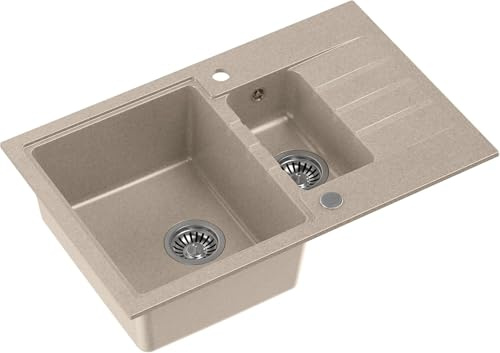 QUADRON Doppelbecken-Spüle Spülbecken Küchenspüle | Größe 78 x 50 x 20 cm, Beige & Stahl | PETER 156 Granit Granitspüle | Doppelbecken Spüle Küche | Unterschrank ab: 60 cm