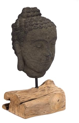 CREEDWOOD SKULPTUR Buddha | 45 cm, Beton | Buddha Figur auf Holz Sockel, Buddha-Kopf Statue, Deko Figur, Dekoobjekt Buddha, lächelnde Buddhafigur, Buddhastatue