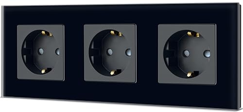 TAWOIA Schuko Steckdose, EU-Standard 3 Fach Glas Unterputz Steckdose 16Amp 250 V, Wandsteckdose mit Kristallglasplatte Schwarz 86×228mm
