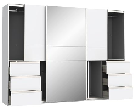 FORTE Winn 2 Schwebetürenschrank 270, moderner 2-türiger Schrank, weißer Kleiderschrank, Schlafzimmer, Kinderzimmer, Holzwerkstoff, Weiß mit Spiegel, 269,7 cm breit x 200,5 cm hoch x 61 cm tief