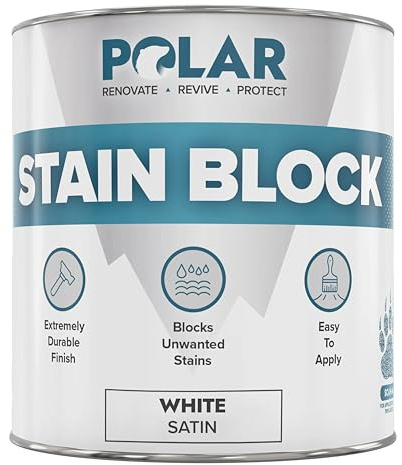 Polar Stain Blocker Paint - Satin White - 1 Litre | Ideal for Concrete, Cement, Wood, Brick & Painted Surfaces | Prevents & Removes Stains, Grease, Water Marks & Rust on Internal Walls & Ceilings