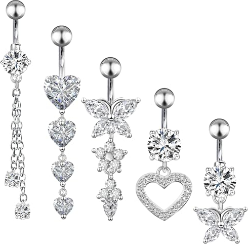 patinadrift 5 Stück Bauchnabelpiercing Chirurgenstahl Piercing Bauchnabel Bauchnabelpiercing Silber Blumen Herz Schmetterlings Nabelpiercing Bauchnabelschmuck Damen