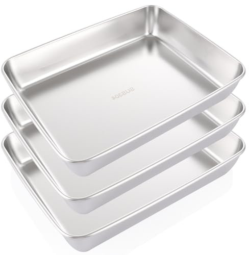 Oungy 3PCS Baking Trays for Oven Non Stick, 31 x 24 x 5.5cm Stainless Steel Oven Trays, Silver Deep Roasting Tins Baking Tray Set for Oven Kitchen Home - Dishwasher Safe