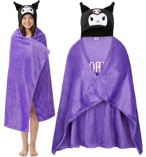 Hello Kitty Sanrio Filt med huva för kvinnor och tonåringar, Kuromi Cinnamoroll Mjuk fleecefilt för soffa och säng, anime-presenter (Kuromi lila)