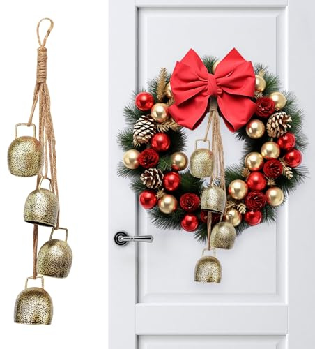 DOKKOME Christmas Bells Decoration, Gold Brass Hanging Bells with Jute Rope Cow Bells Christmas Decoration, Handmade Vintage Cow Bells Ideal for Christmas Tree, Wreath, Party, Holiday Decorations