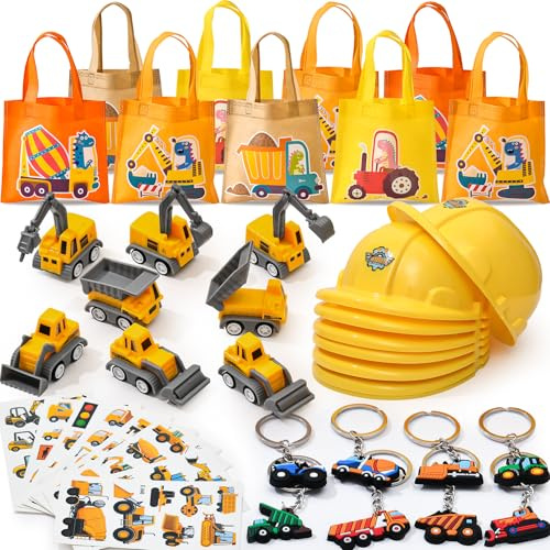 Toyssa Baustellen Party Mitgebsel Kindergeburtstag mit Construction Partyhüte Tragetaschen Bagger Schlüsselanhänger Tattoo Lastwagen Spielzeug Autos Set für Junge Bau Kindergeburtstag Geschenk