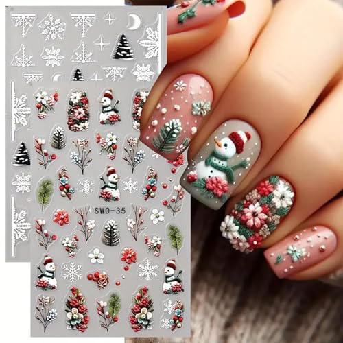Auiremrti 2 Bögen Weihnachts-Nagelsticker Set,Schneeflocke und Schneemann Selbstklebende Nagelaufkleber,5D Geprägte Nageldekorationen für Einzigartige Festtagslooks