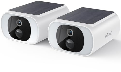 ieGeek Telecamera Wi-Fi Esterno Senza Fili 2K, Pannello Solare,S1 (2 Pezzi) | Pannello Solare Incorporato,Telecamera Esterno con Batteria,Visione Notturna a Colori, PIR, Voce Bidirezionale, IP65, 2,4 Ghz